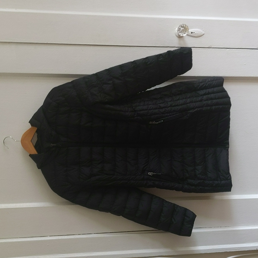 Hooded black down feather puffer coat